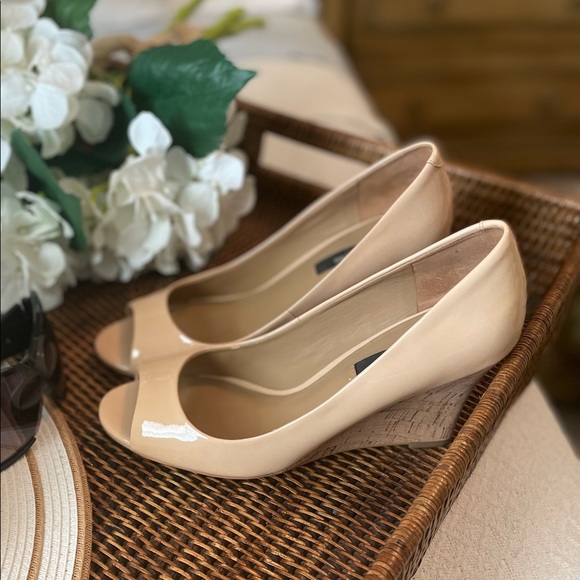 Ann Taylor Shoes - Ann Taylor peep toe patent leather cork wedge heel size 8M